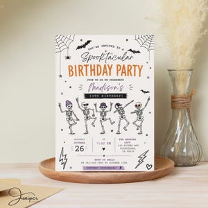 The image is a birthday party invitation featuring a Halloween theme with a group of skeletons dancing and a spider web design.