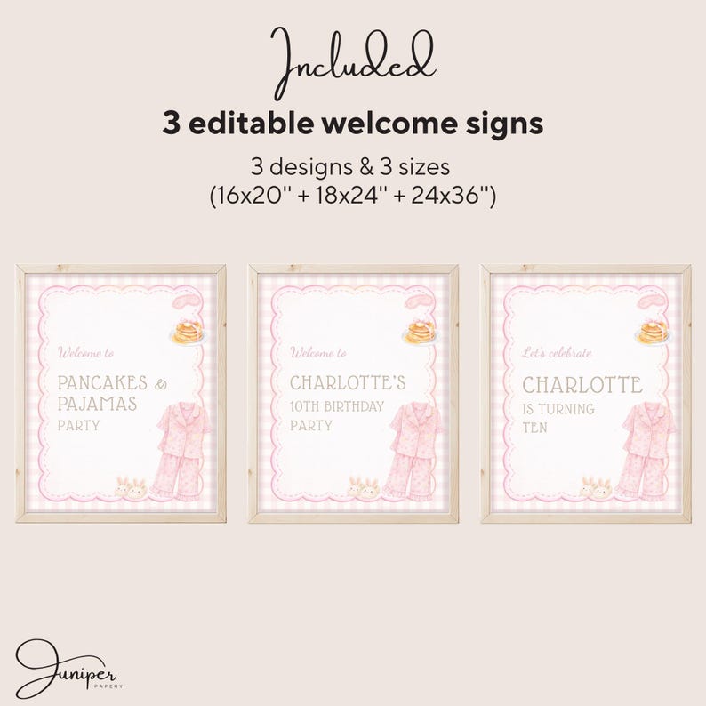 Pyjamas Signs Editable Pajamas & Pancake Birthday Welcome Signs, Custom Pancake Party ...