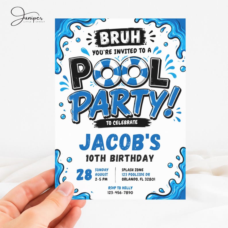 Bruh Pool Party Birthday Invitation, Blue Summer Invite, Boys Swimming Pool Party, 10th Birthday Poolside Invite, Water Splash Invite