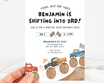 Monster Truck Birthday Invitation, Third Gear Race Car Invitation, Monster Truck Invite, Monster Car Party Invite, Race Vehicle Invitation