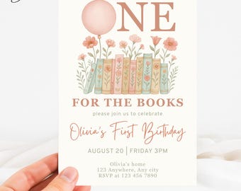 One For The Books Birthday Invitation, Bookworm Birthday Invitation, Chapter One Book Birthday Invitation Girl, Book Themed Birthday Invite