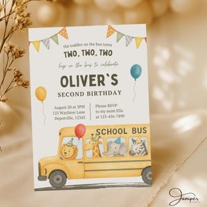May include: A birthday invitation featuring a yellow school bus with animal passengers and balloons. The text reads "OLIVER'S SECOND BIRTHDAY" with event details. Decorative bunting and a floral element frame the design.