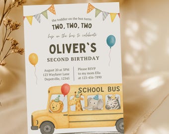 Wheels On The Bus Birthday Invitation, Safari Animal School Bus Invite, Bus Birthday Toddler Invitation, Vehicle Transportation Invite Boy