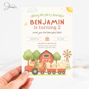 Könnte beinhalten: Einladung zum Geburtstag im Bauernhof-Stil mit dem Text "calling all party animals! BENJAMIN is turning 2". Die Einladung zeigt einen roten Traktor, der Waggons mit Hoftieren und eine rote Scheune zieht.