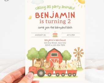 Party Animals Farm Invitation, 2nd Birthday Farm Animal Invite, Farm Invitation Two Year Old, Barnyard Bash Invitation, Petting Zoo Invite