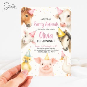 May include: A party invitation featuring watercolor illustrations of farm animals wearing party hats. The invitation reads "Party Animals" and announces Olivia's 3rd birthday, with event details.