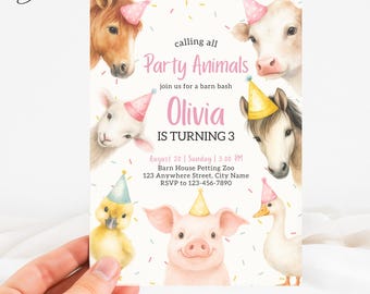 May include: A party invitation featuring watercolor illustrations of farm animals wearing party hats. The invitation reads "Party Animals" and announces Olivia's 3rd birthday, with event details.