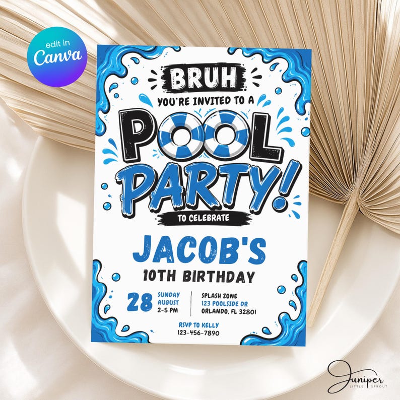 Bruh Pool Party Birthday Invitation, Blue Summer Invite, Boys Swimming Pool Party, 10th Birthday Poolside Invite, Water Splash Invite