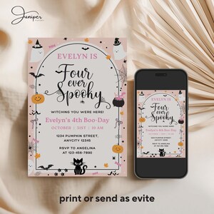 Four Ever Invitation, Spooky Halloween Birthday Invitation, 4th Boo-Day Invite, Pumpkin 4th Birthday Invitation Girl, Pink Halloween Invite