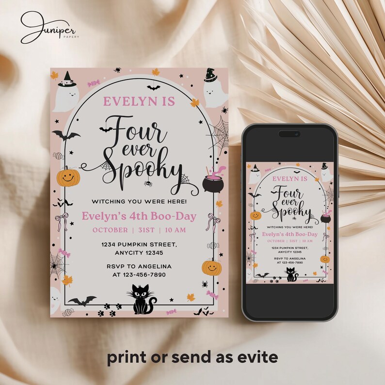 Four Ever Invitation, Spooky Halloween Birthday Invitation, 4th Boo-Day Invite, Pumpkin 4th Birthday Invitation Girl, Pink Halloween Invite
