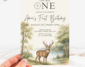 The Big One Deer 1st Birthday Invitation, Deer Birthday Invitation Boy, Deer Hunting Birthday Invitation, Baby Deer Birthday Invitation