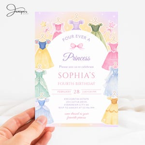 Four Ever A Princess Birthday Invitation, Princess Dress 4th Birthday Invite, Royal Theme Birthday Template, Fairytale Birthday Party
