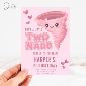 Twonado Birthday Invitation Girl, Twonado Invitation, Two Year Old Girl Birthday Invite, Birthday Girl Invite 2 Years, Pink Tornado Invite