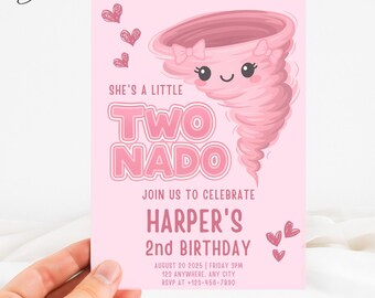 Twonado Birthday Invitation Girl, Twonado Invitation, Two Year Old Girl Birthday Invite, Birthday Girl Invite 2 Years, Pink Tornado Invite