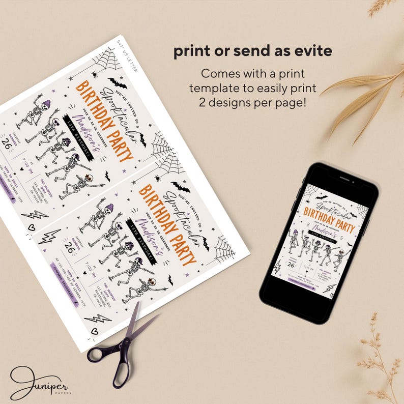 a Halloween-themed birthday party invitation with a print template and a smartphone displaying the same invitation.