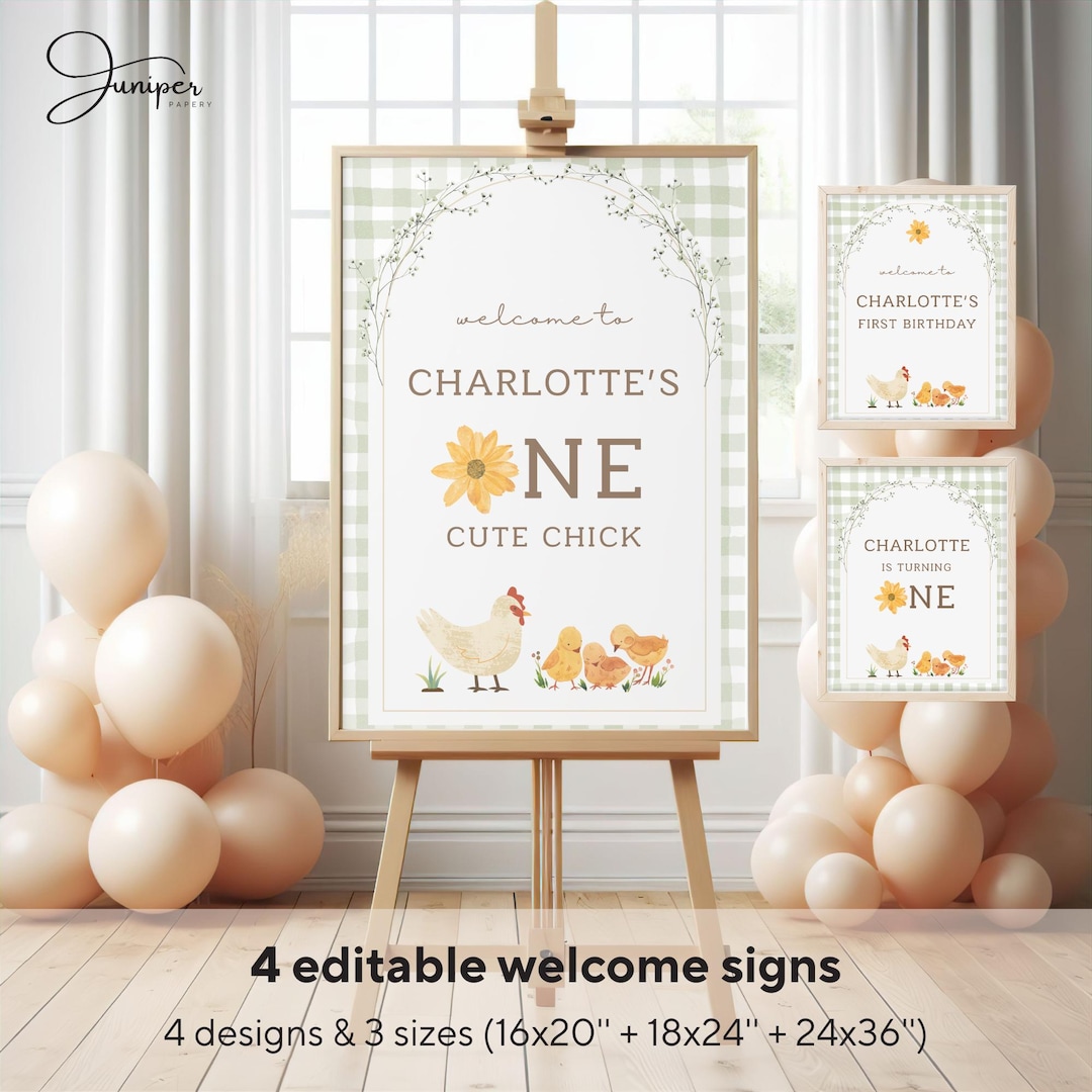 Editable One Cute Chick Welcome Signs, First Birthday Poster, Green ...