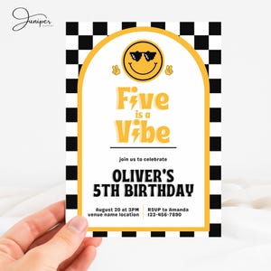 Five Is A Vibe Invitation Boy Girl, Retro Five Year Old Boy Birthday Invite, Emoji Five Is A Vibe Party Invite, High Five Birthday Invite