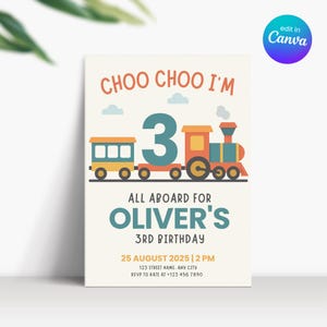 Invitation Choo Choo à thème Train, 3e anniversaire Train Invitation, Invitation d'anniversaire garçon de 3 ans, Invitation d'anniversaire de transport de véhicule