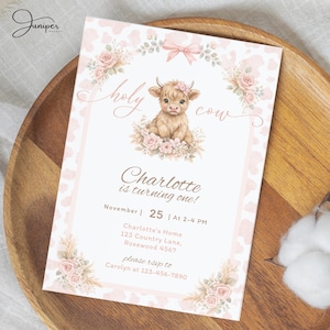 Highland Cow Birthday Invitate, Holy Cow First Birthday Invite, Holy Cow Pink Girl Invite, Scottish Cow Birthday Invite, Farm Animal Invite