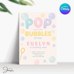 Convite de aniversário com bolhas, convite de primeiro aniversário com bolhas, convite de aniversário para menina de 1 ano em tons pastel, convite de aniversário para meninas com bolhas