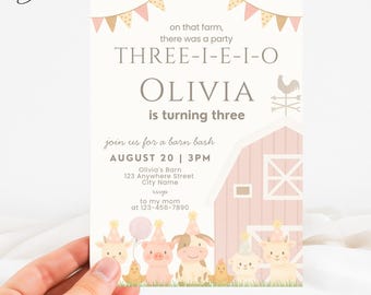 Farm Animals Invitation, 3rd Birthday Farm Animal Invite, Pink Farm Invitation, Barnyard Bash Invitation, Petting Zoo Invite, Cow Invite