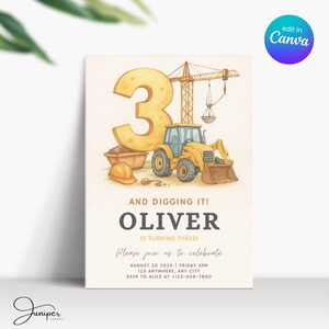 Faire-part d'anniversaire de véhicule de construction, invitation de fête d'anniversaire de véhicule, invitation de construction 3e anniversaire, invitation d'anniversaire de garçon de 3 ans