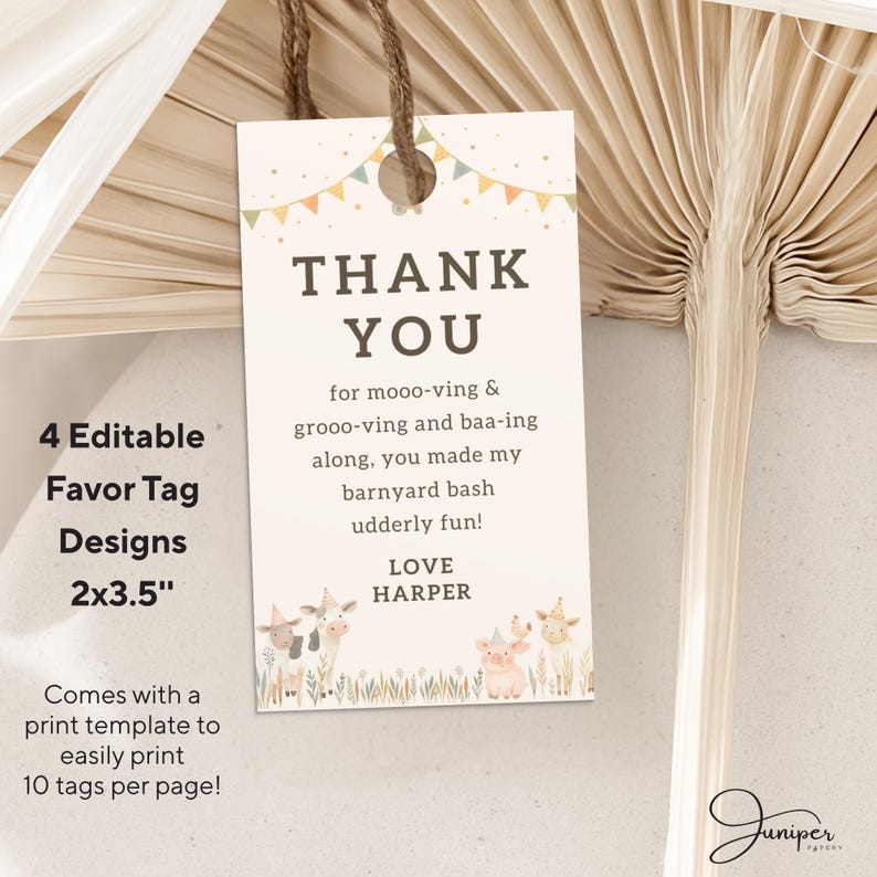 Editable Farm Animal Birthday Favor Tags, Barnyard Party Thank You Tags ...