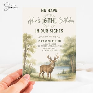 May include: A birthday invitation with a watercolor illustration of a deer by a lake. The text reads "We Have Adam's 6th Birthday In Our Sights." Additional text includes event details and RSVP information.