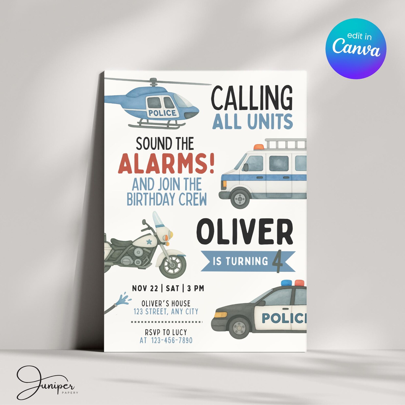 Emergency Vehicles Birthday Invitation, Police Birthday Party Invite ...