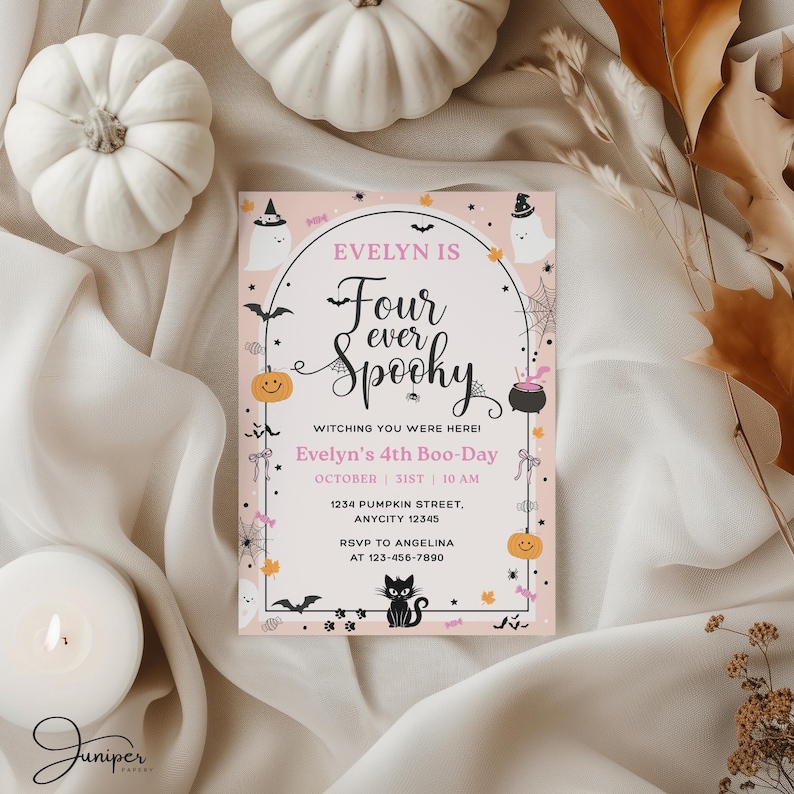Four Ever Invitation, Spooky Halloween Birthday Invitation, 4th Boo-Day Invite, Pumpkin 4th Birthday Invitation Girl, Pink Halloween Invite