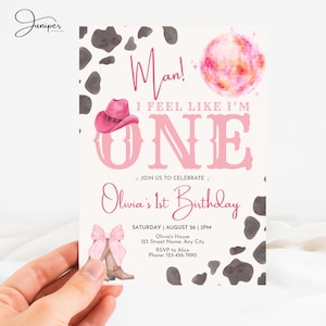 Man I Feel Like Im One First Birthday Invitation, Pink Disco Cowgirl Birthday Invite, First Birthday Pink Cowgirl Birthday Invitation