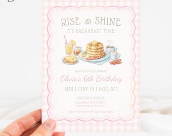 Pink Breakfast Invitation, Rise and Shine Birthday Card, Pink Gingham Breakfast Party Invite, Coffee Bacon Pancakes Invitation, Brunch Party