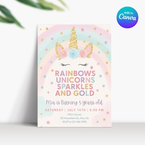 Invito per festa a tema unicorno arcobaleno pastello, invito per compleanno di una bambina di 5 anni con unicorno, invito per il 5° compleanno con unicorno e arcobaleno, festa a tema unicorno