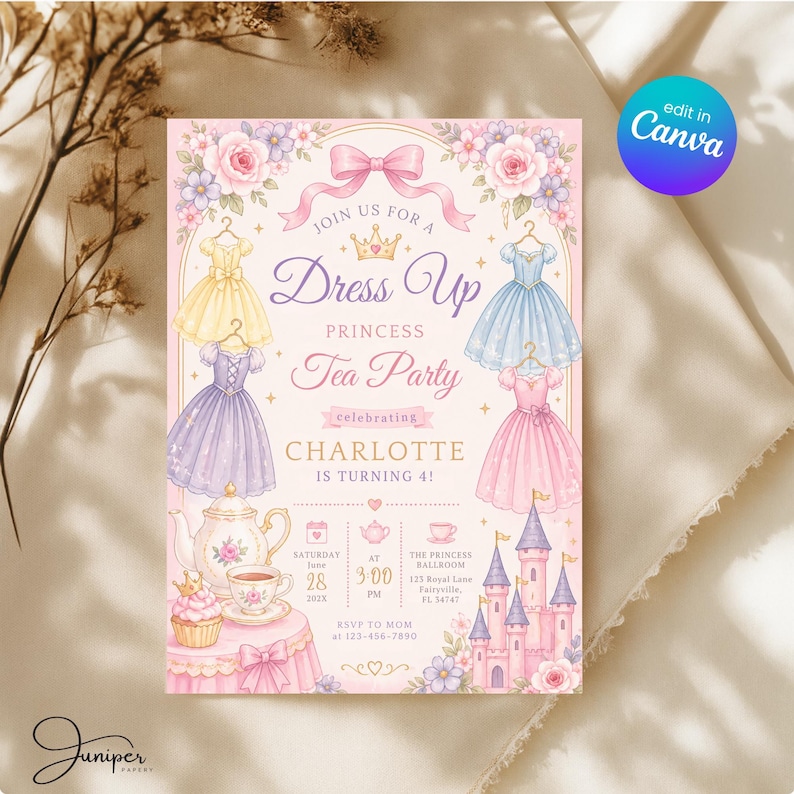 Princess Dress Birthday Invitation, Fairy Tale Princess Tea Party Invite, Royal Dresses Birthday Invite, Dress Up Princess Party Invite