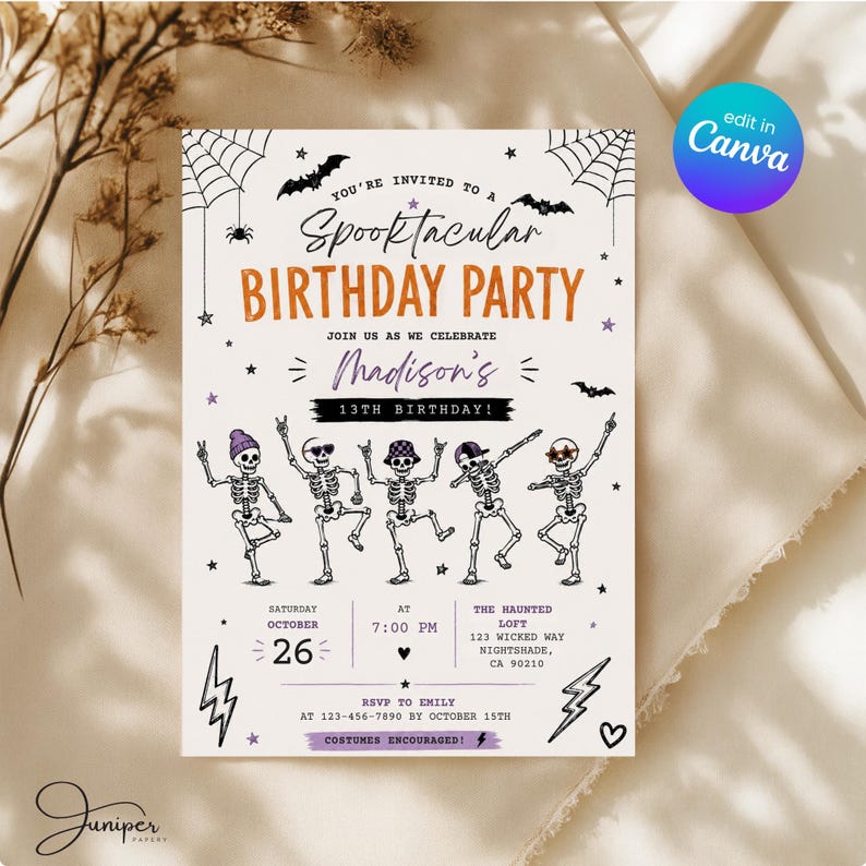 The image is a Halloween-themed birthday party invitation featuring a group of skeletons dancing and a spider web design.