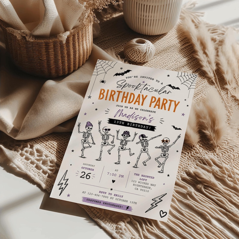 A Halloween-themed birthday party invitation featuring skeletons dancing and a spider web design.