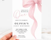 Girls Just Wanna Be One Invitation, Pink Bow First Birthday Invitation, Elegant Ribbon Birthday Invite, Baby Girl First Birthday Invite