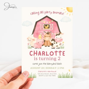 May include: A party invitation featuring a pink barn illustration with cartoon farm animals. The text reads "calling all party animals!" and "Charlotte is turning 2." Additional text includes event details and RSVP information.