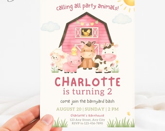Party Animals Farm Invitation, 2nd Birthday Farm Animal Invite, Pink Farm Invite Two Year Old, Barnyard Bash Invitation, Petting Zoo Invite