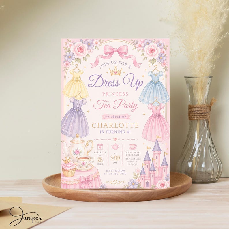Princess Dress Birthday Invitation, Fairy Tale Princess Tea Party Invite, Royal Dresses Birthday Invite, Dress Up Princess Party Invite