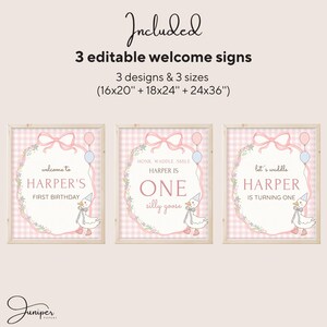Editable Silly Goose Birthday Bundle, Gingham Party Templates, Pink First Party Decoration, Custom Birthday Signs, Custom Birthday Decor