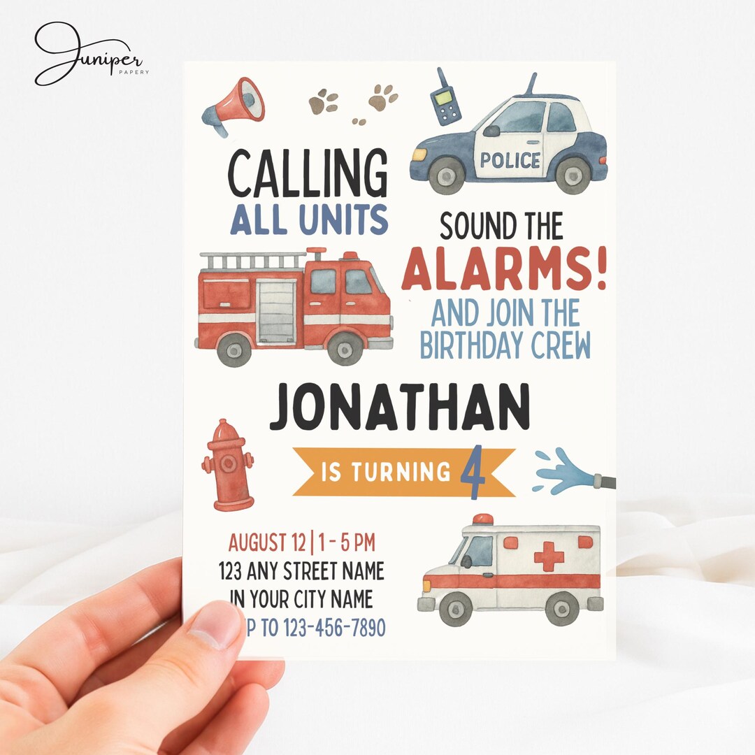 Emergency Vehicles Birthday Invitation, Vehicle Birthday Party Invite ...