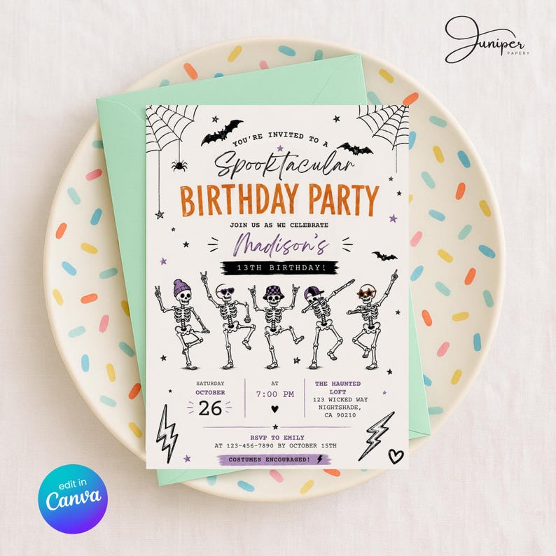 The image is a birthday party invitation featuring a spooky theme with a group of skeletons dancing and a spider web design.