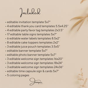 May include: A beige background with a list of editable templates, including invitations, thank you cards, party favor tags, table signs, water labels, cake toppers, juice pouch templates, banners, photo banners, welcome signs, time capsule signs, and coloring pages. The word "Included" is at the top.