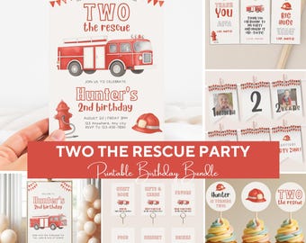 Editable Two The Rescue Bundle, Two The Rescue Party Templates, Fire Truck Party Decorations, Custom Firefighter Birthday Decoration