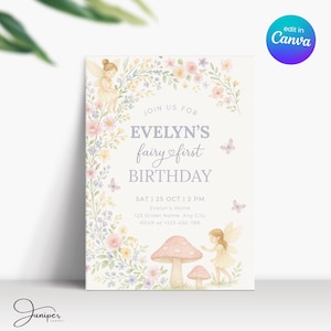 Convite de primeiro aniversário de fada pastel, convite da nossa pequena fada, convite mágico de fada, convite para jardim de fadas, convite de borboletas de fada