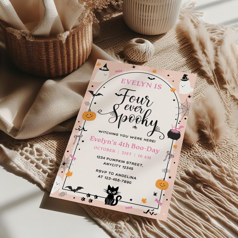 Four Ever Invitation, Spooky Halloween Birthday Invitation, 4th Boo-Day Invite, Pumpkin 4th Birthday Invitation Girl, Pink Halloween Invite