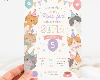 Purrfect Cat Birthday Invitation, Cute Kitten Invite, Pastel Kitty Theme, Pets Lover Kids Birthday Card, Paw Print Party Animal Invite