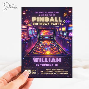 May include: A pinball-themed birthday party invitation with a vibrant neon design. The invitation features a pinball machine illustration, the name "William", and the age "10". Additional text includes party details and RSVP information.