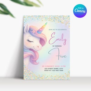 Invitation de fête arc-en-ciel licorne pastel, faire-part d'anniversaire licorne fille de 5 ans, invitation 5e anniversaire licorne et arc-en-ciel, fête licorne